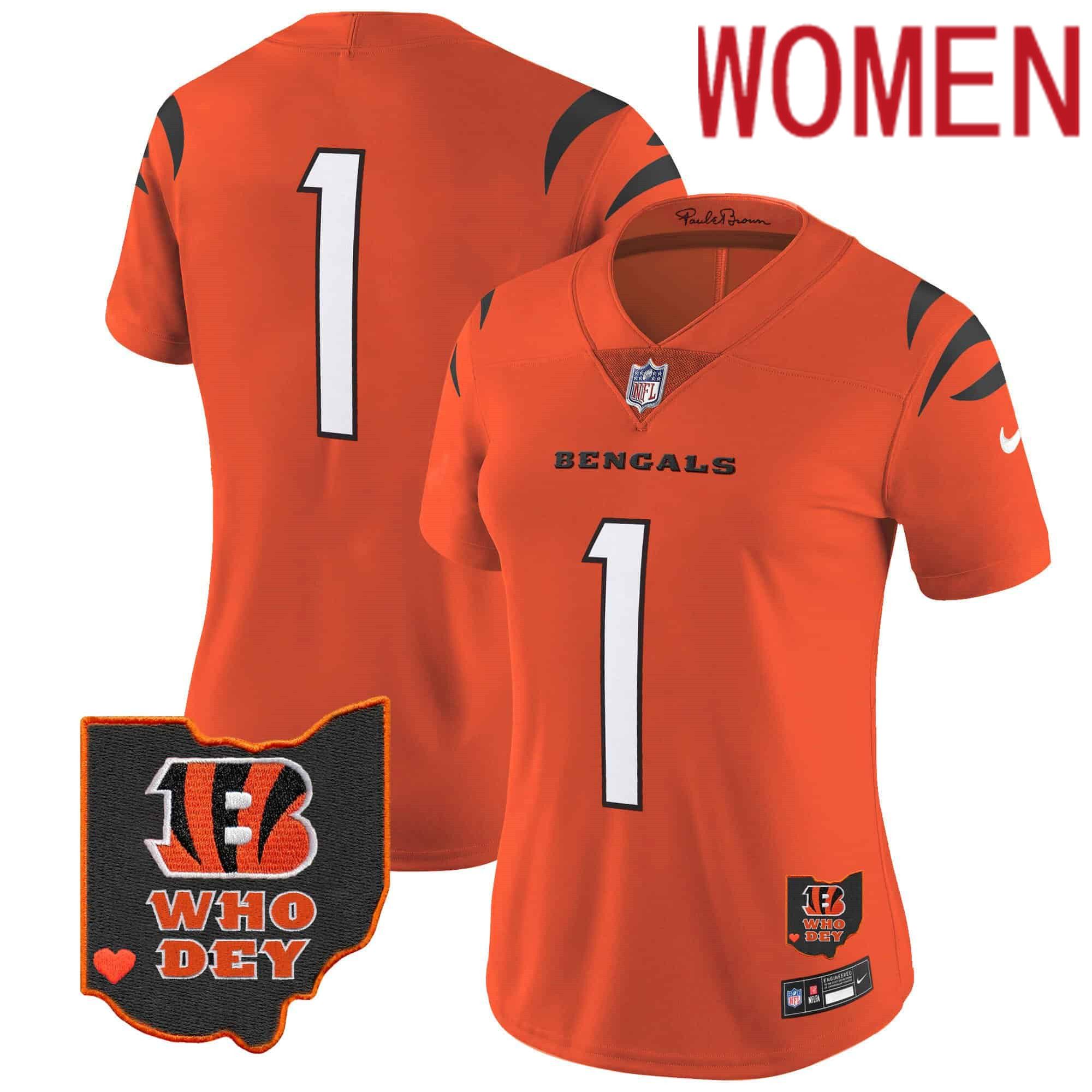 Women Cincinnati Bengals #1 Chase Orange 2024 Nike Patch Vapor Limited NFL Jersey style 1